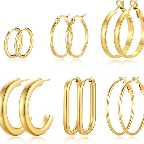 Jewelry - 6 Pairs Gold Silver Hoop Earrings Set for Women Hypoallergenic 14K Gold Plated